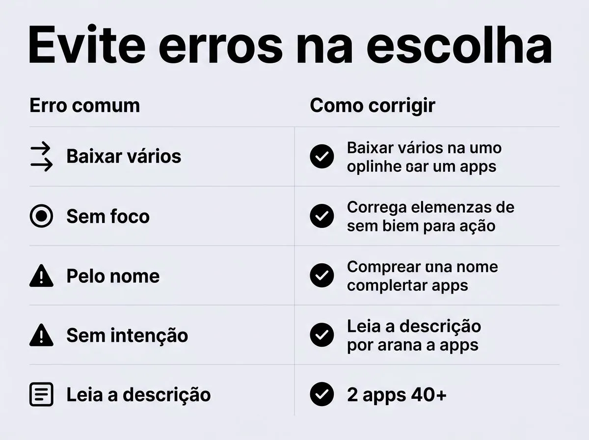 Infográfico checklist comparando erros comuns e correções para escolher apps de relacionamento após os 40 anos
