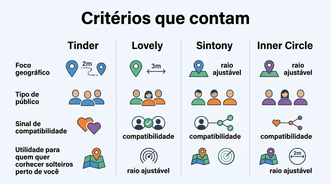 Gráfico comparativo com critérios e rótulos para Tinder, Lovely, Sintony e Inner Circle na busca de solteiros perto.