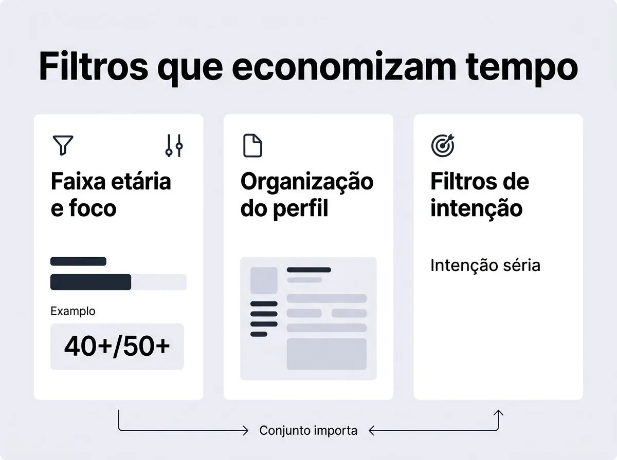 Infográfico com recursos de apps para filtrar perfis e economizar tempo, com rótulos curtos sobre faixa etária, organização e filtros de intenção.