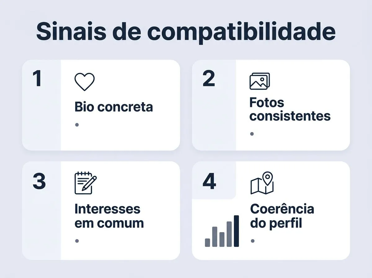Infográfico com sinais para avaliar perfis compatíveis antes de conversar: bio concreta, fotos consistentes e interesses em comum.